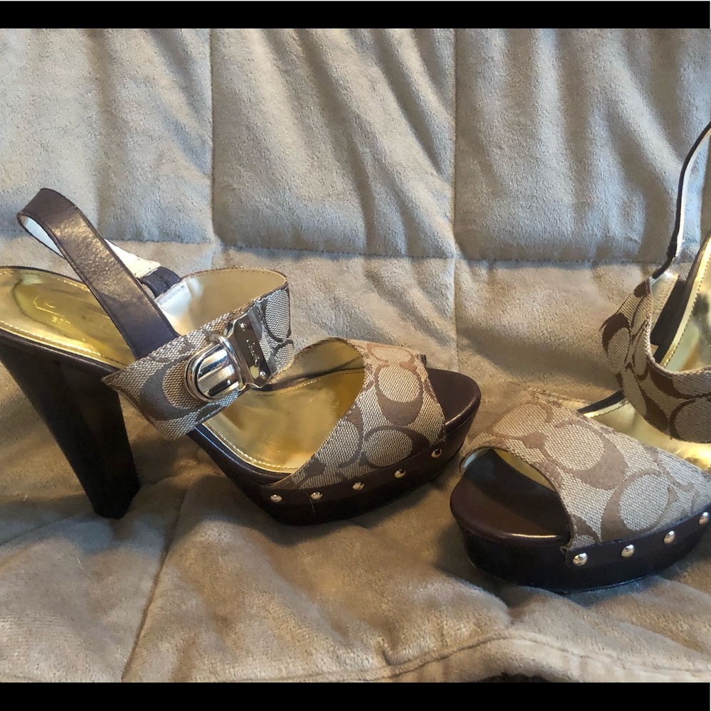 Brown coach open toe sling back chunky heel